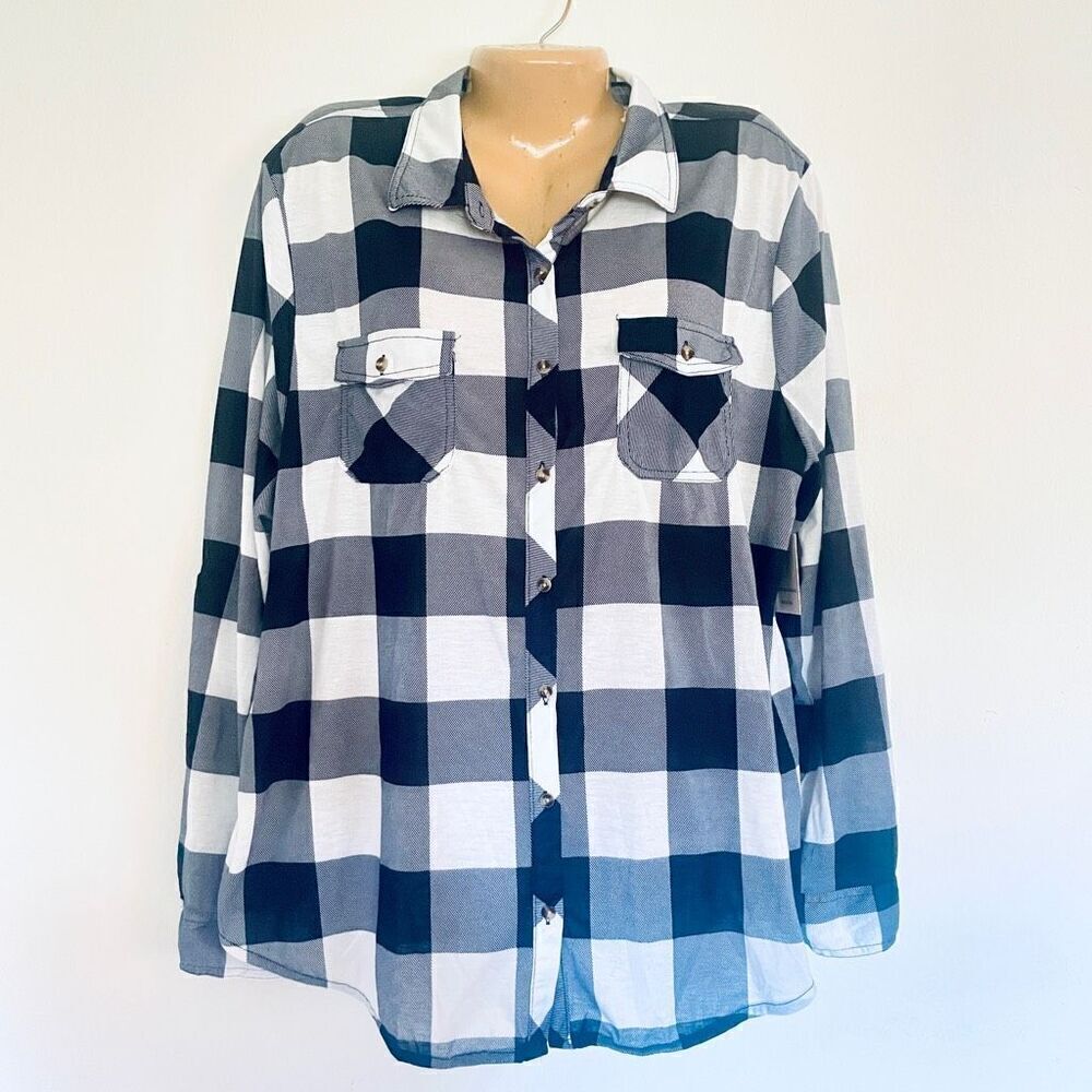 NWT Gorgeous Passport 3X Plus Size Black White Plaid Button Down Stretchy Shirt